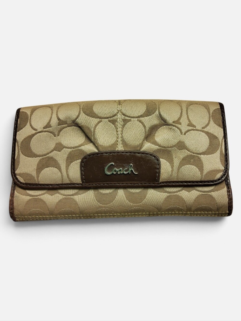 Coach Signature Canvas Wallet in Khaki and Brown Trim